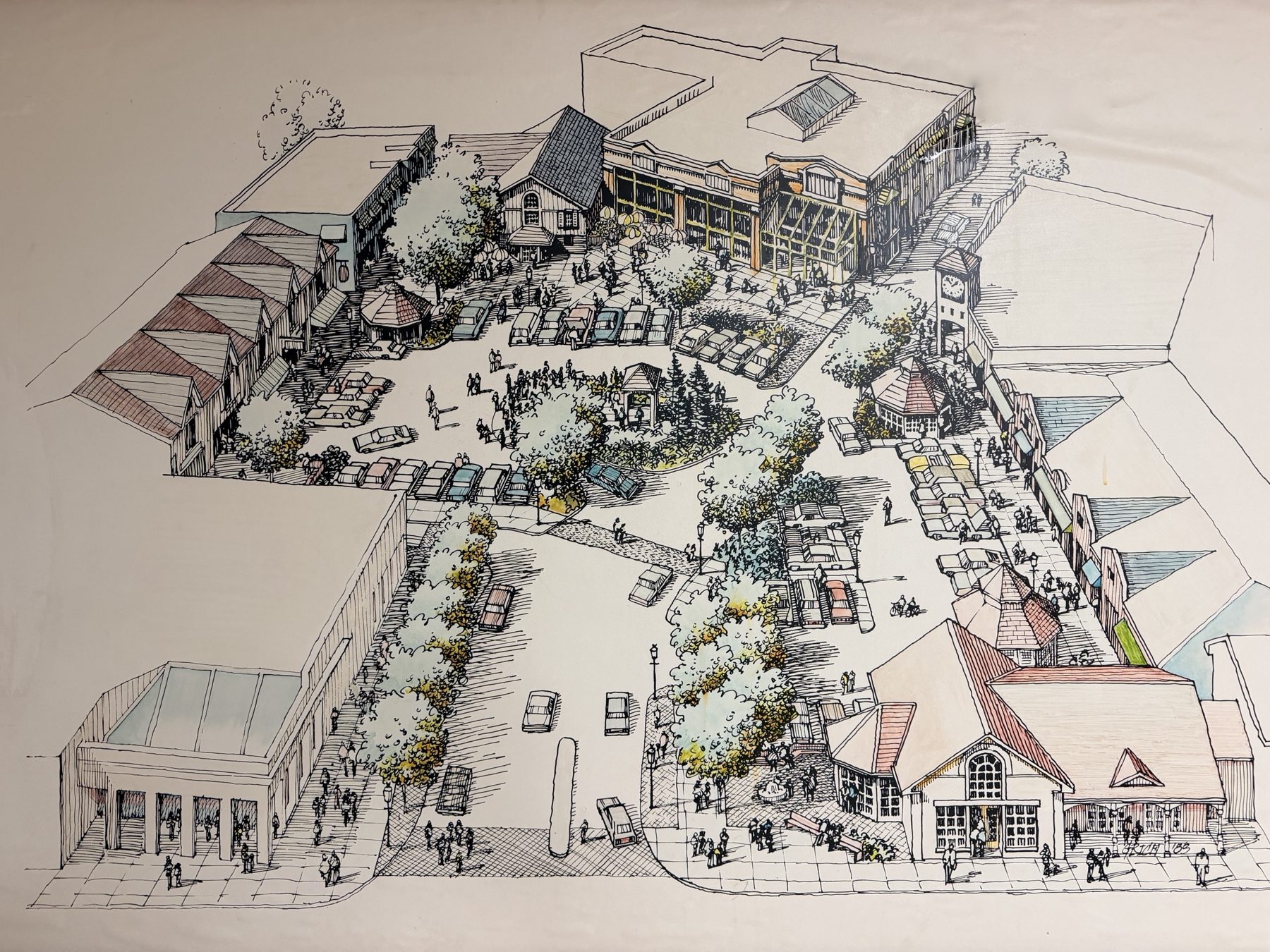 Original hand-drawn architectural rendering of Marketlane, 1980s
